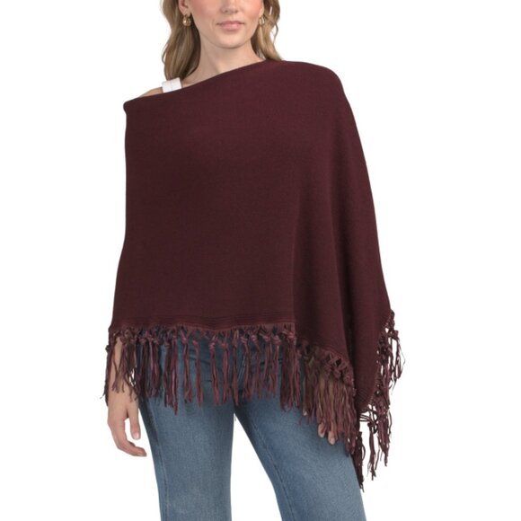 TESMA Bordeaux Made In Italy Cashmere And Wool Blend Poncho With Suede Fringe - Picture 1 of 2
